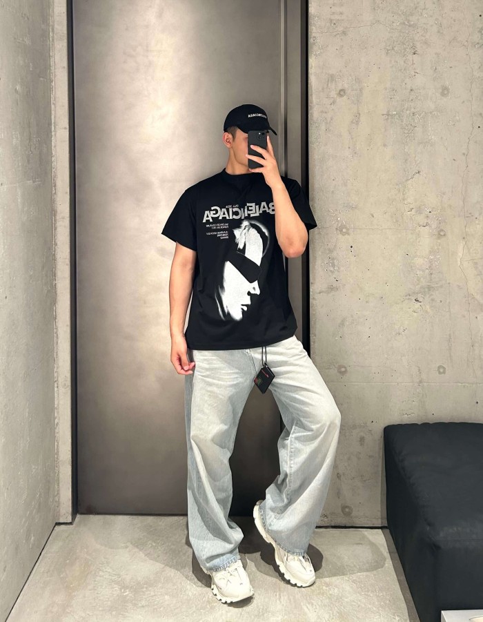 1:1 quality version Dark Streetwear Side Profile Portrait Letter Slogan Print Heavy Washed Crew Neck Oversized Drop Shoulder T-shirt 29321108