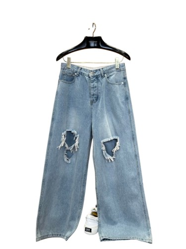 1:1 quality version High Waist Double Side Knee Double Layer Big Ripped Frayed Tassel Distressed Wide Leg Denim Jeans 29321567