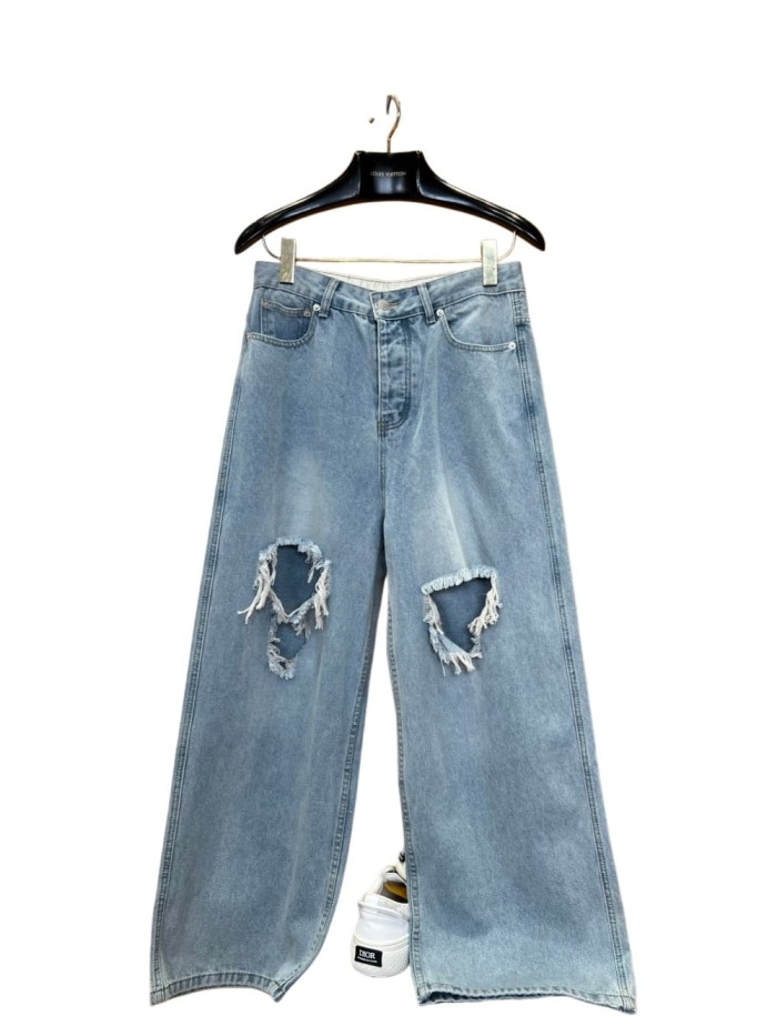 1:1 quality version High Waist Double Side Knee Double Layer Big Ripped Frayed Tassel Distressed Wide Leg Denim Jeans 29321567