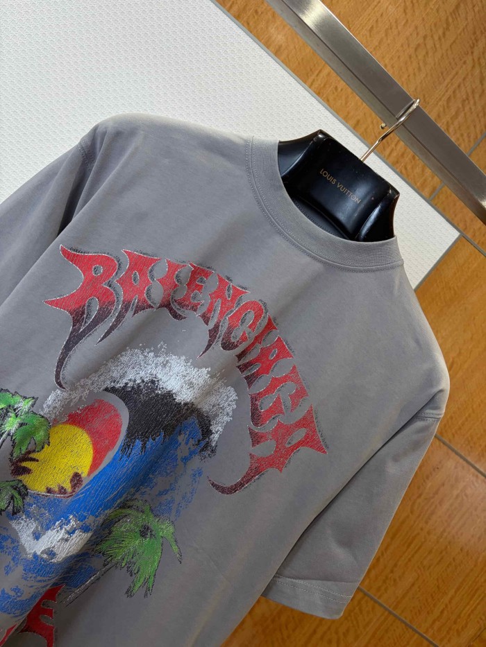 1:1 quality version Gothic Thorn Script Letter Middle Wave Sunset Palm Beach Print Oversized T-shirt 3 colors 29321534