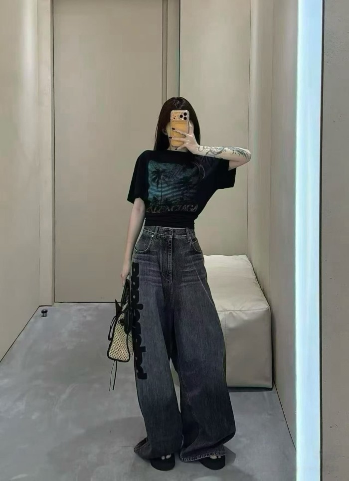 1:1 quality version  Vertical Large Flock Letter Print Horizontal Bleach Whisker Distressed High Waist Wide Leg Denim Pants 29321486