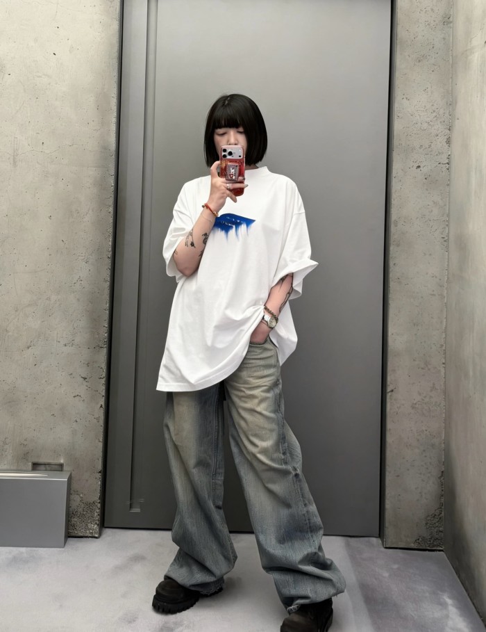 1:1 quality version Royal Blue Irregular Paint Brush Melting Drip Gradient Mini Logo Print Oversized Drop Shoulder T-shirt 29321628