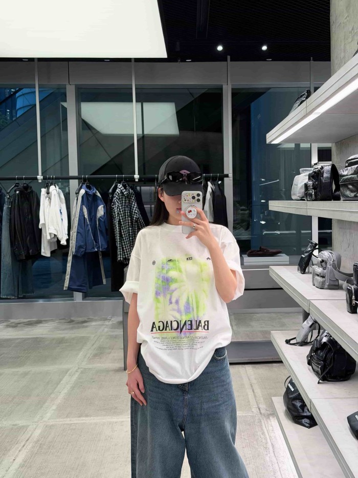 1:1 quality version Tropical Palm Gradient Spray Paint Print Multi Element Badge Small Text Slogan Oversized Drop Shoulder T-shirt 29321499