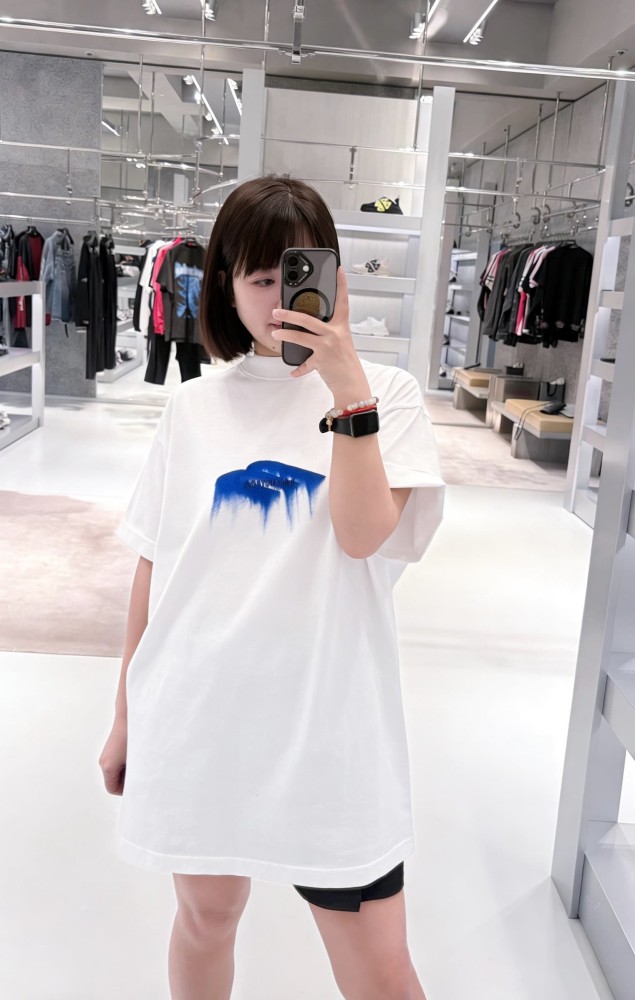 1:1 quality version Royal Blue Irregular Paint Brush Melting Drip Gradient Mini Logo Print Oversized Drop Shoulder T-shirt 29321628