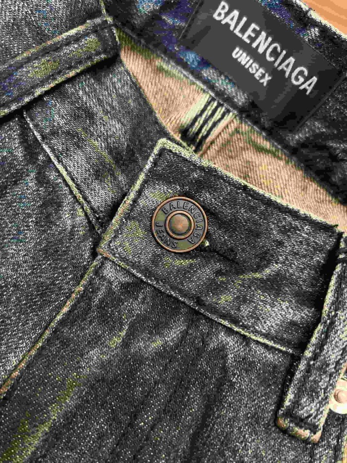 1:1 quality version Heavy Wash Gradient Yellowed Bleach Side Vertical Thorn Gothic Font Patch Stitch High Waist Denim Pants 29321480
