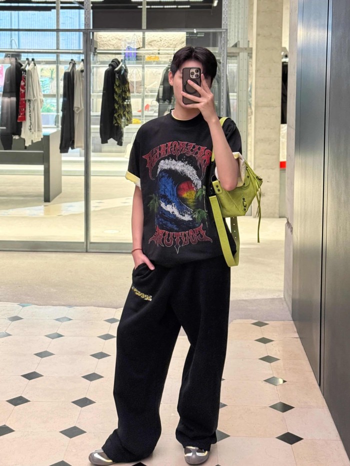 1:1 quality version Gothic Thorn Script Letter Middle Wave Sunset Palm Beach Print Oversized T-shirt 3 colors 29321534