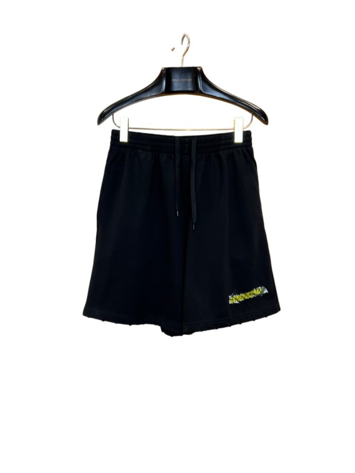 1:1 quality version Drawstring Elastic Waist Raw Edge Hem Cracked Yellow Green Paint Letter Print Wide Leg Five Inch Athletic Sweat Shorts 29321180