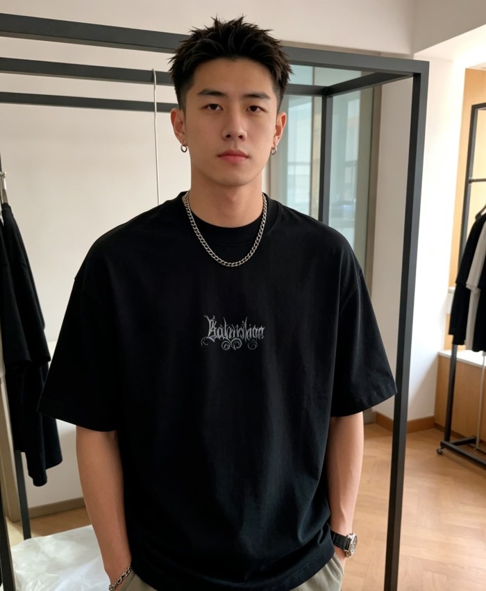 1:1 quality version Gothic Script Gradient Vintage Letter Print Distressed Frayed Neck Oversized T-shirt 2 colors 29321473