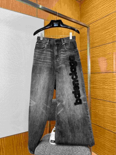 1:1 quality version  Vertical Large Flock Letter Print Horizontal Bleach Whisker Distressed High Waist Wide Leg Denim Pants 29321486