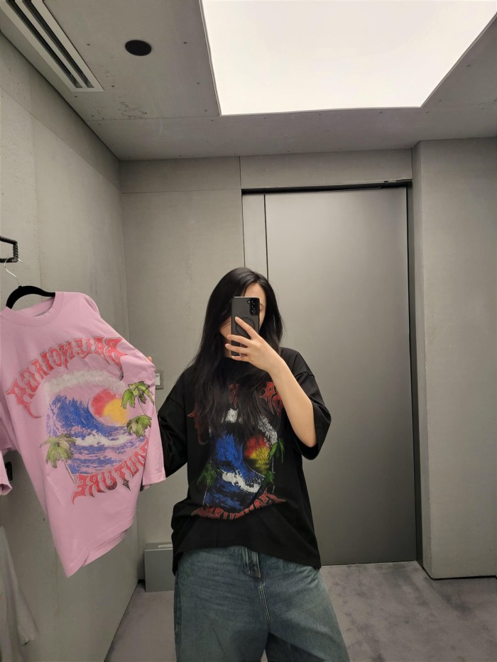 1:1 quality version Gothic Thorn Script Letter Middle Wave Sunset Palm Beach Print Oversized T-shirt 3 colors 29321534
