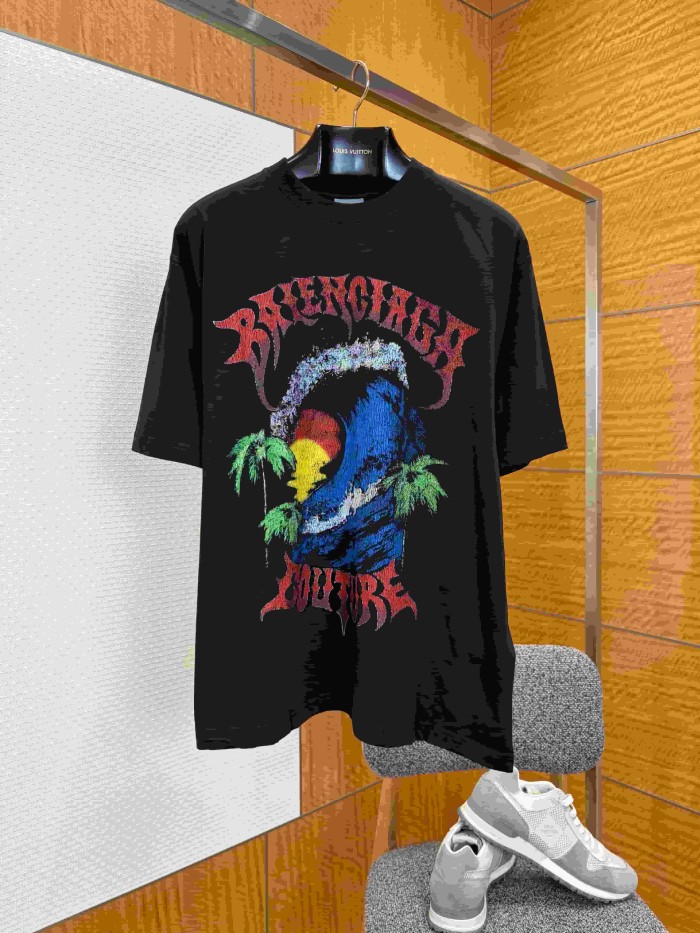 1:1 quality version Gothic Thorn Script Letter Middle Wave Sunset Palm Beach Print Oversized T-shirt 3 colors 29321534