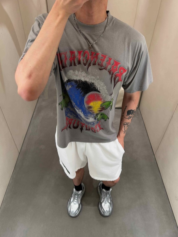 1:1 quality version Gothic Thorn Script Letter Middle Wave Sunset Palm Beach Print Oversized T-shirt 3 colors 29321534