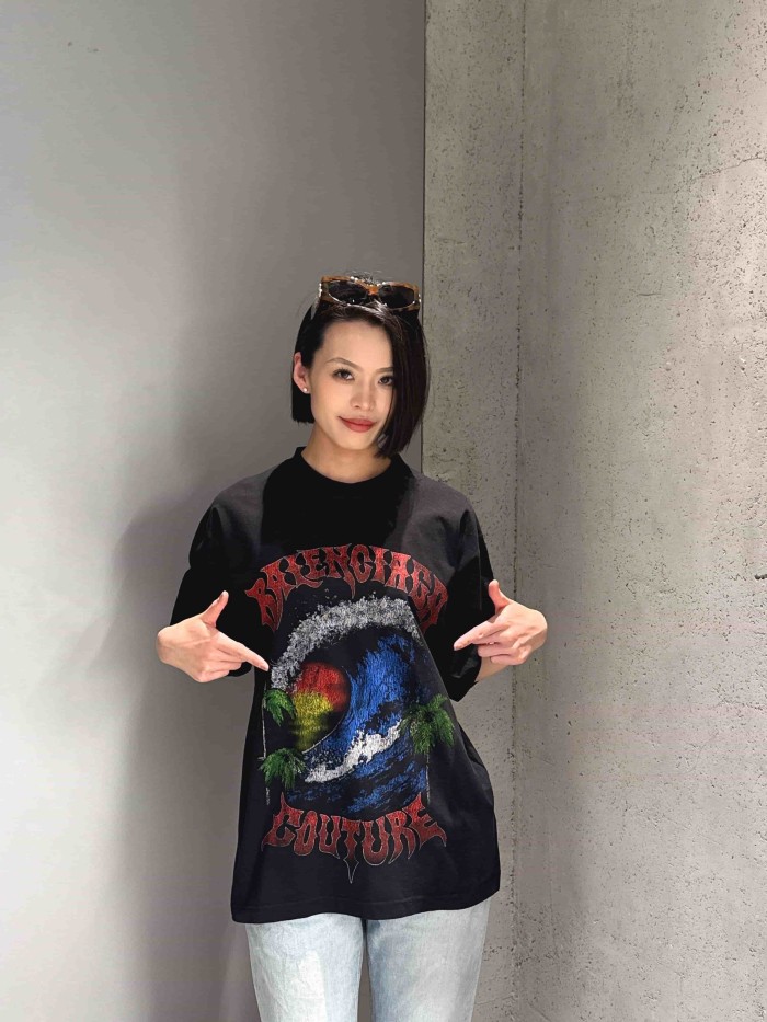 1:1 quality version Gothic Thorn Script Letter Middle Wave Sunset Palm Beach Print Oversized T-shirt 3 colors 29321534