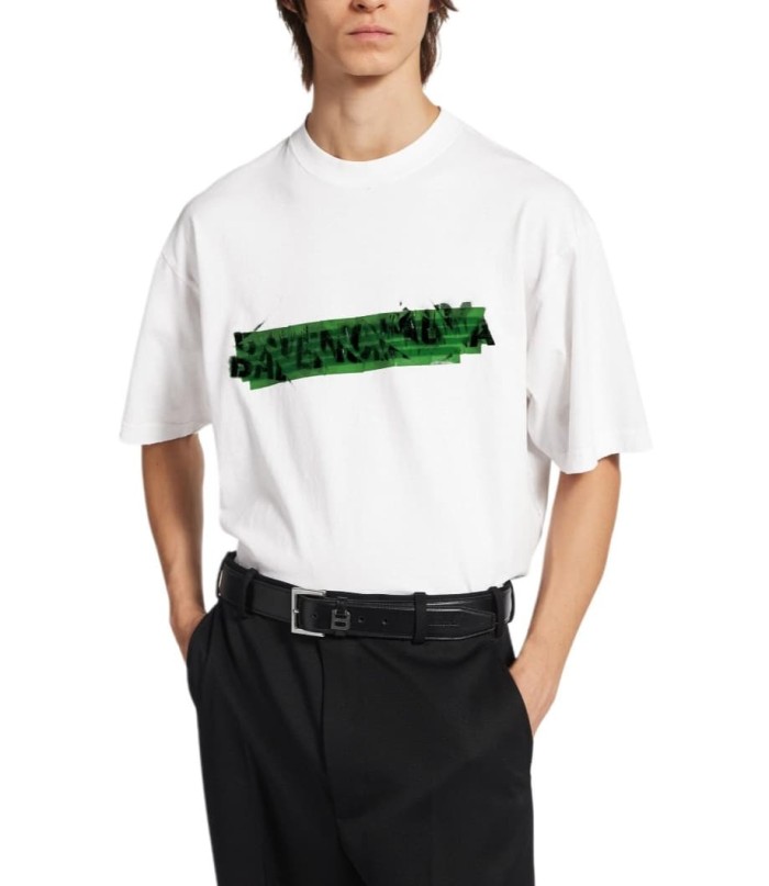 1:1 quality version Tape Cover Cracked Green Splatter Ink Letter Print Frayed Neckline Oversized Drop Shoulder T-shirt 29321426