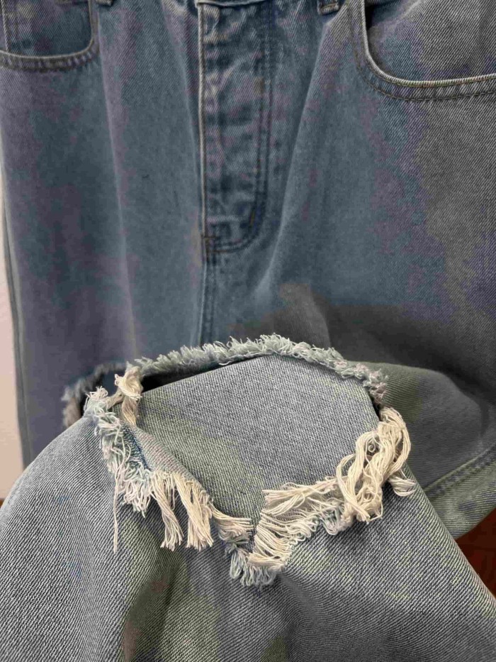 1:1 quality version High Waist Double Side Knee Double Layer Big Ripped Frayed Tassel Distressed Wide Leg Denim Jeans 29321567
