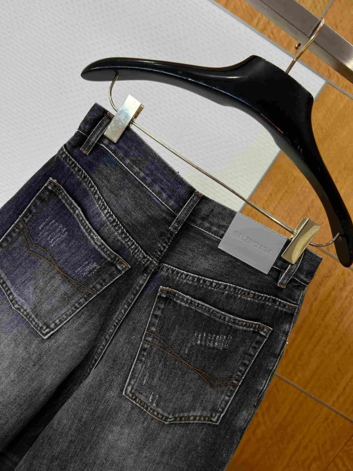 1:1 quality version  Vertical Large Flock Letter Print Horizontal Bleach Whisker Distressed High Waist Wide Leg Denim Pants 29321486