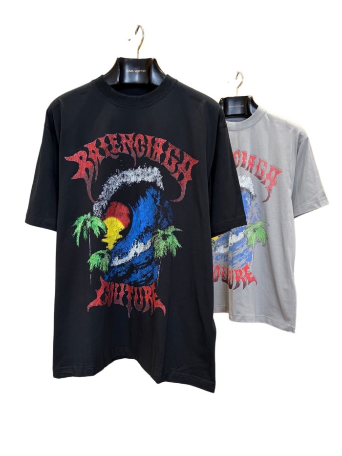 1:1 quality version Gothic Thorn Script Letter Middle Wave Sunset Palm Beach Print Oversized T-shirt 3 colors 29321534
