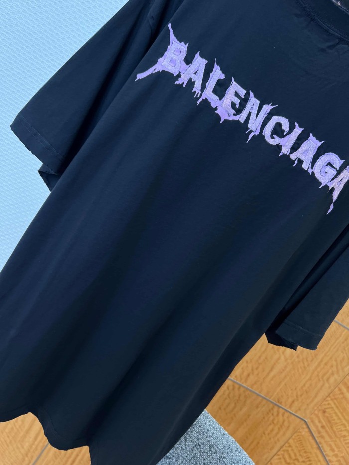 1:1 quality version  Large Light Purple Thorn Rip Gothic Font Double Side Print Bottom Frayed Destroy Oversized T-shirt 29321597