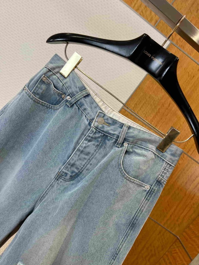 1:1 quality version High Waist Double Side Knee Double Layer Big Ripped Frayed Tassel Distressed Wide Leg Denim Jeans 29321567