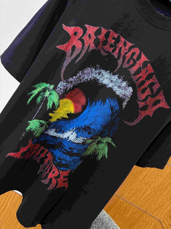 1:1 quality version Gothic Thorn Script Letter Middle Wave Sunset Palm Beach Print Oversized T-shirt 3 colors 29321534