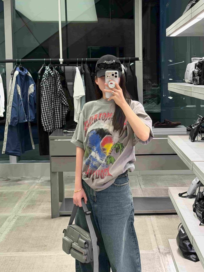 1:1 quality version Gothic Thorn Script Letter Middle Wave Sunset Palm Beach Print Oversized T-shirt 3 colors 29321534