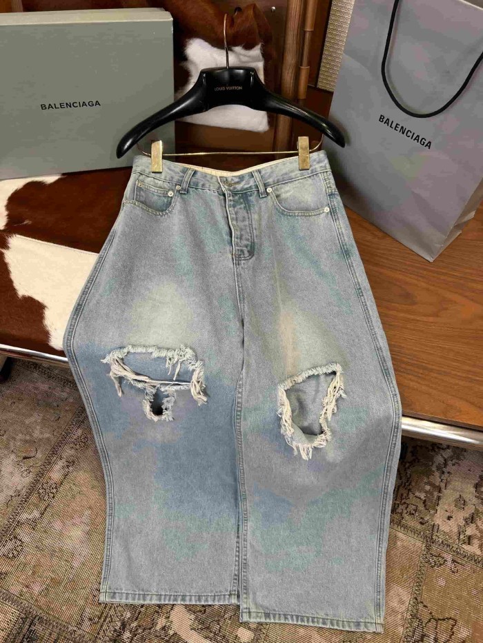 1:1 quality version High Waist Double Side Knee Double Layer Big Ripped Frayed Tassel Distressed Wide Leg Denim Jeans 29321567