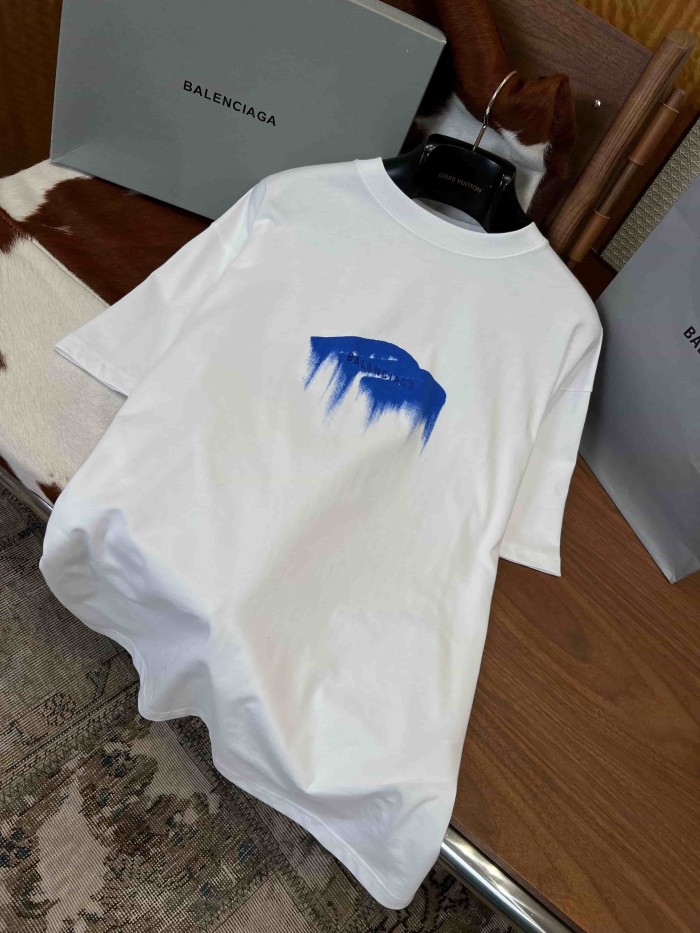 1:1 quality version Royal Blue Irregular Paint Brush Melting Drip Gradient Mini Logo Print Oversized Drop Shoulder T-shirt 29321628