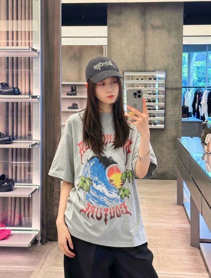 1:1 quality version Gothic Thorn Script Letter Middle Wave Sunset Palm Beach Print Oversized T-shirt 3 colors 29321534
