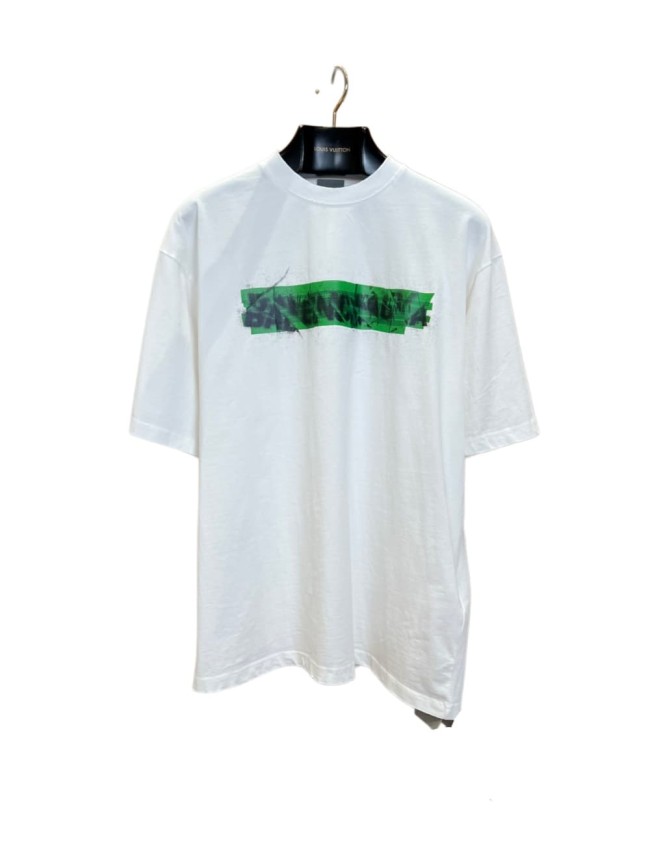 1:1 quality version Tape Cover Cracked Green Splatter Ink Letter Print Frayed Neckline Oversized Drop Shoulder T-shirt 29321426