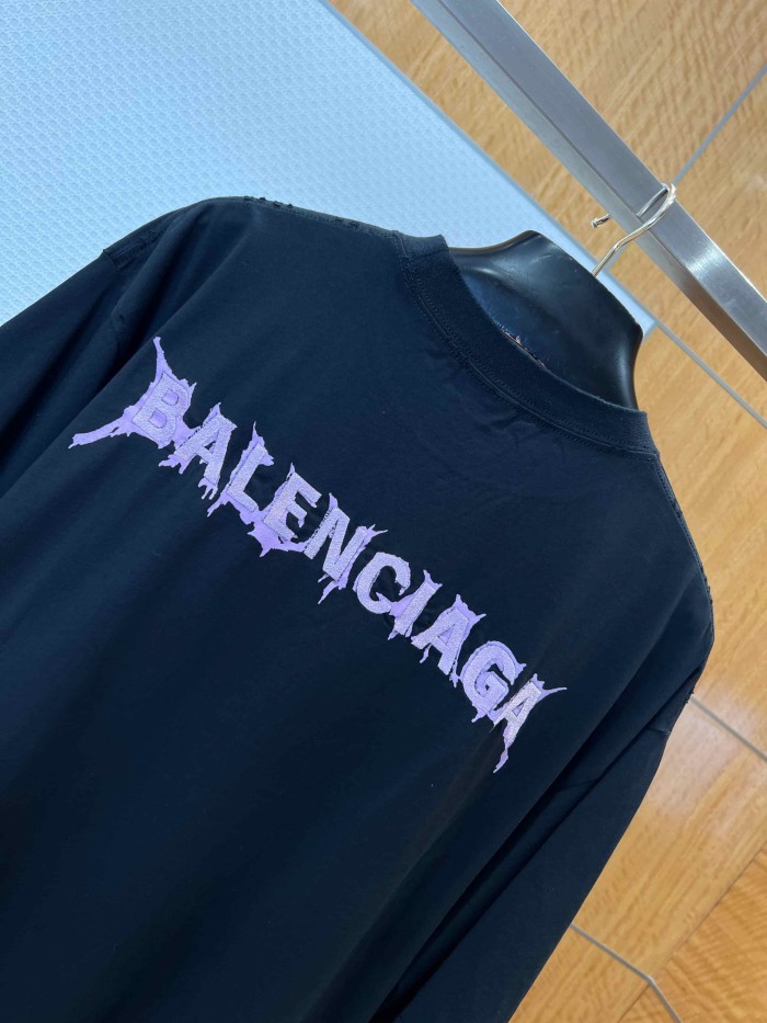 1:1 quality version  Large Light Purple Thorn Rip Gothic Font Double Side Print Bottom Frayed Destroy Oversized T-shirt 29321597