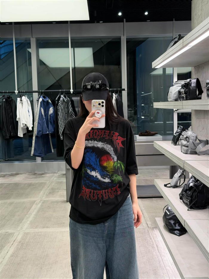1:1 quality version Gothic Thorn Script Letter Middle Wave Sunset Palm Beach Print Oversized T-shirt 3 colors 29321534