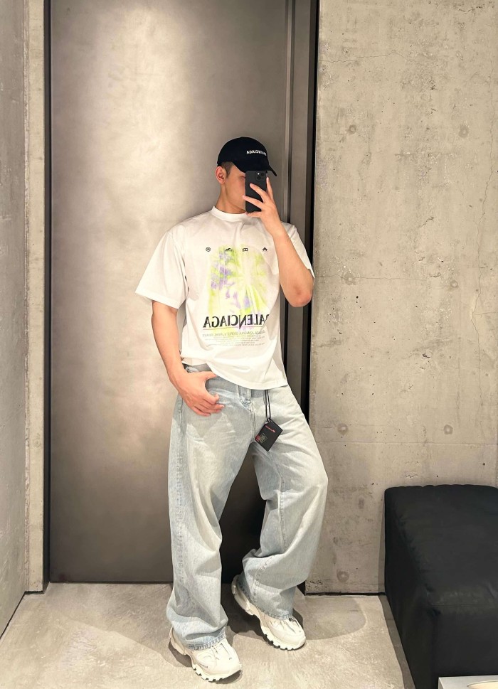 1:1 quality version Tropical Palm Gradient Spray Paint Print Multi Element Badge Small Text Slogan Oversized Drop Shoulder T-shirt 29321499