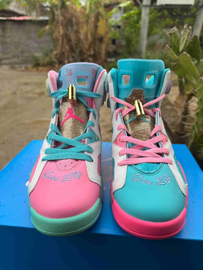 [plus-size shoes] Air @j6 Doernbecher Air Cushion Detachable Patch Pink White Mint Green High Top Basketball Sneakers 29322778