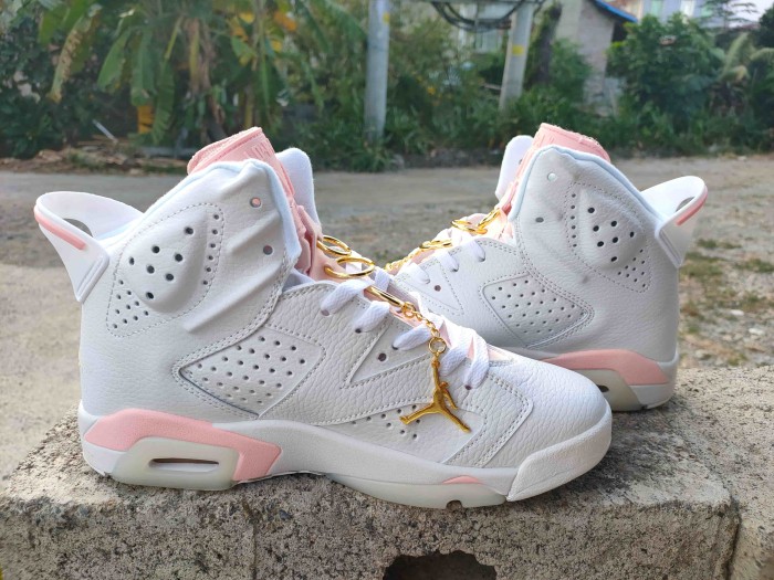 [plus-size shoes] Air @j6 Gold Hoops White Pink Gold Pendant High Top Basketball Sneakers 29322837