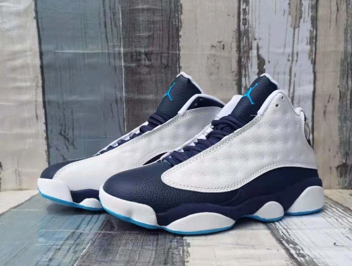 [plus-size shoes] Air @j13 Retro  Obsidian  Leather Round Toe Lace-Up GS White and Blue High-Top Basketball Shoes 29324195