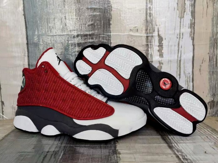 [plus-size shoes] Air @j13 Retro  Red Flint  Leather & Fabric Grey White Red GS High-Top Basketball Shoes 29324225