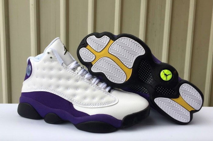 [plus-size shoes] Air @j13 Retro PU Purple and Gold Lakers White Purple Color Block Unisex Cushioned High-Top Basketball Shoes 29323963