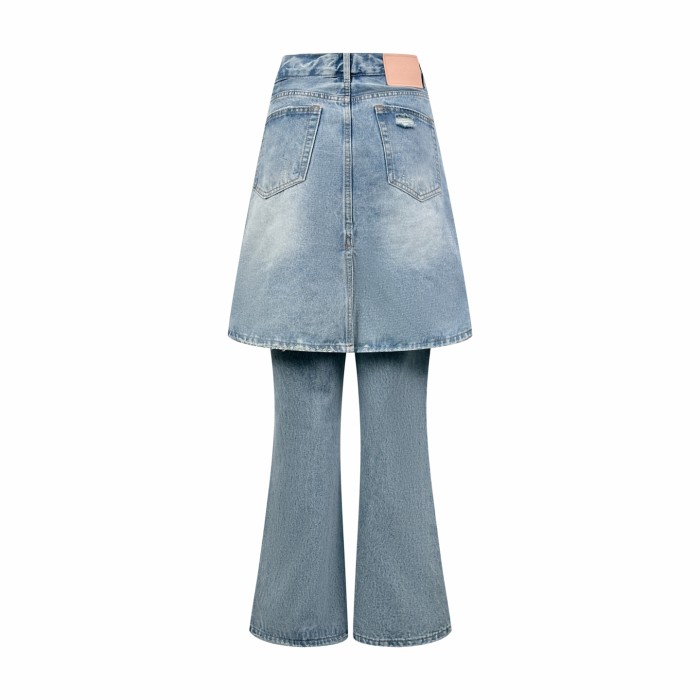 1:1 quality version High Waist Fake Two Piece Skirt Denim Pants Front Ripped Fray A Line Mini Skirt Spliced Flare Floor Denim Jeans 29330253