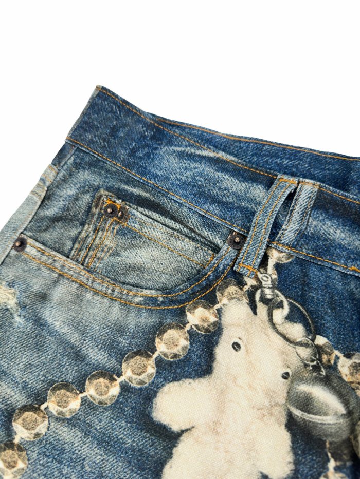 1:1 quality version Metal Chain Print Hanging Plush Bear Bow Embroidery Small Rip Loose Straight Denim Jeans 29330290