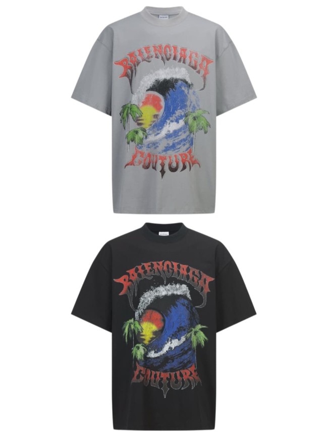 1:1 quality version Vintage Coastal Surf Wave Coconut Palm Sunset Gothic Font Faded Distressed Print Oversized T-shirt 3 colors 29330445