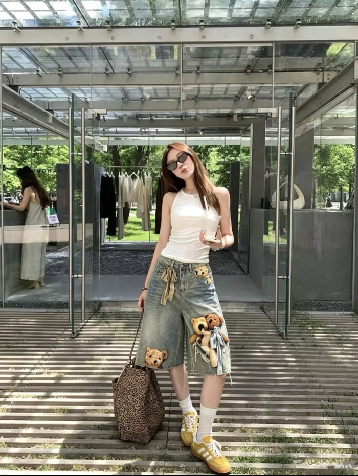 1:1 quality version Side Ribbon Bow Multi Position Broken Teddy Print Baggy Loose Five Inch Denim Bermuda Shorts 29330261