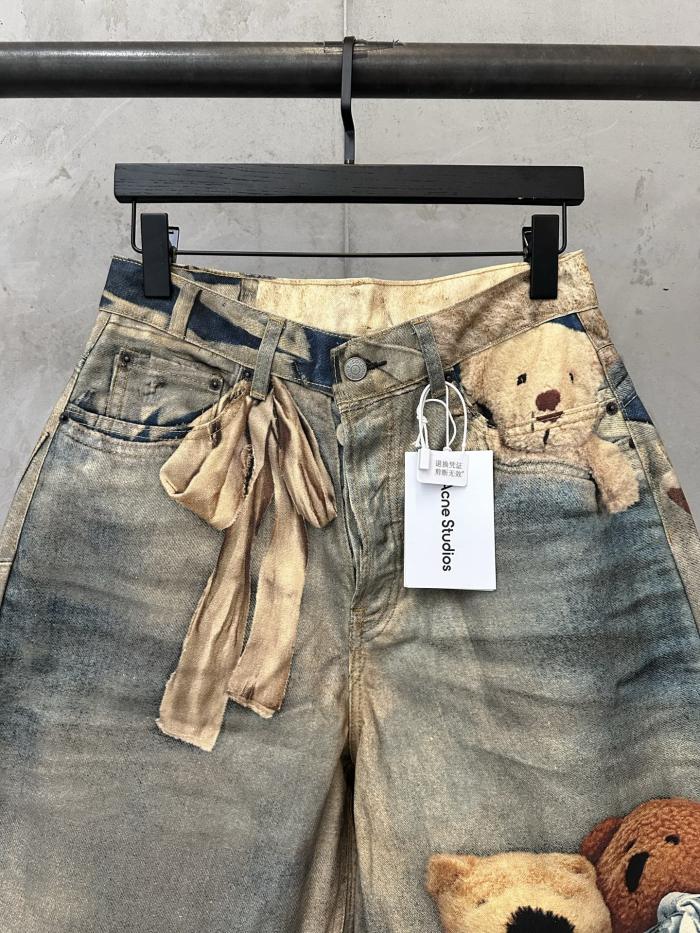 1:1 quality version Side Ribbon Bow Multi Position Broken Teddy Print Baggy Loose Five Inch Denim Bermuda Shorts 29330261