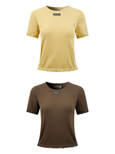 1:1 quality version Miu Woven Label Vertical Eyelet Jacquard Cuff Hem Lace Fringe Slim T-shirt 3 colors 29330298