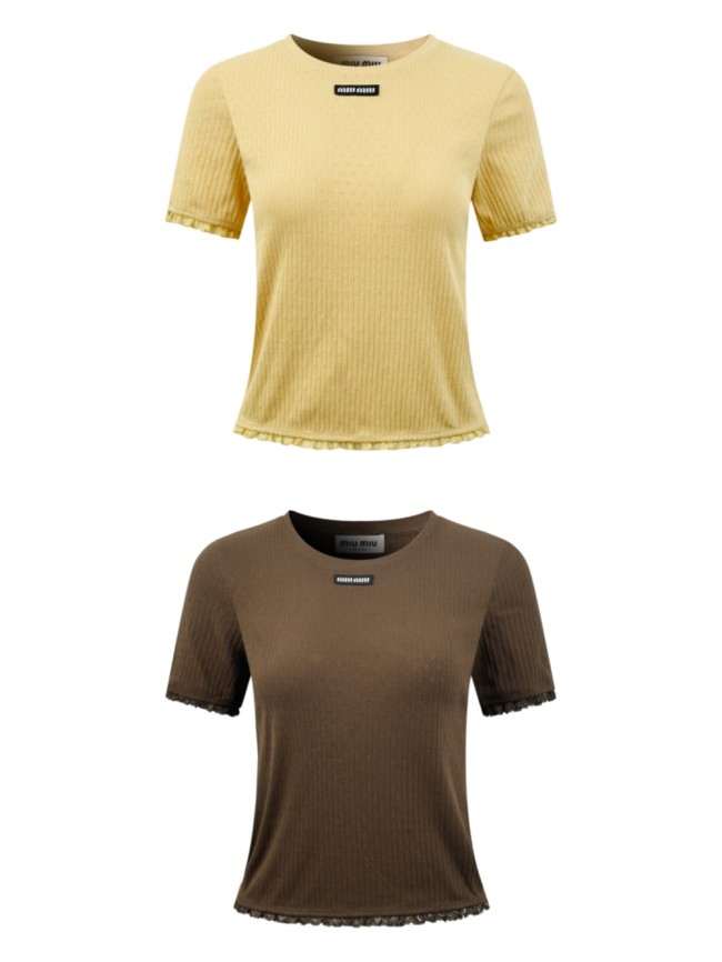 1:1 quality version Miu Woven Label Vertical Eyelet Jacquard Cuff Hem Lace Fringe Slim T-shirt 3 colors 29330298