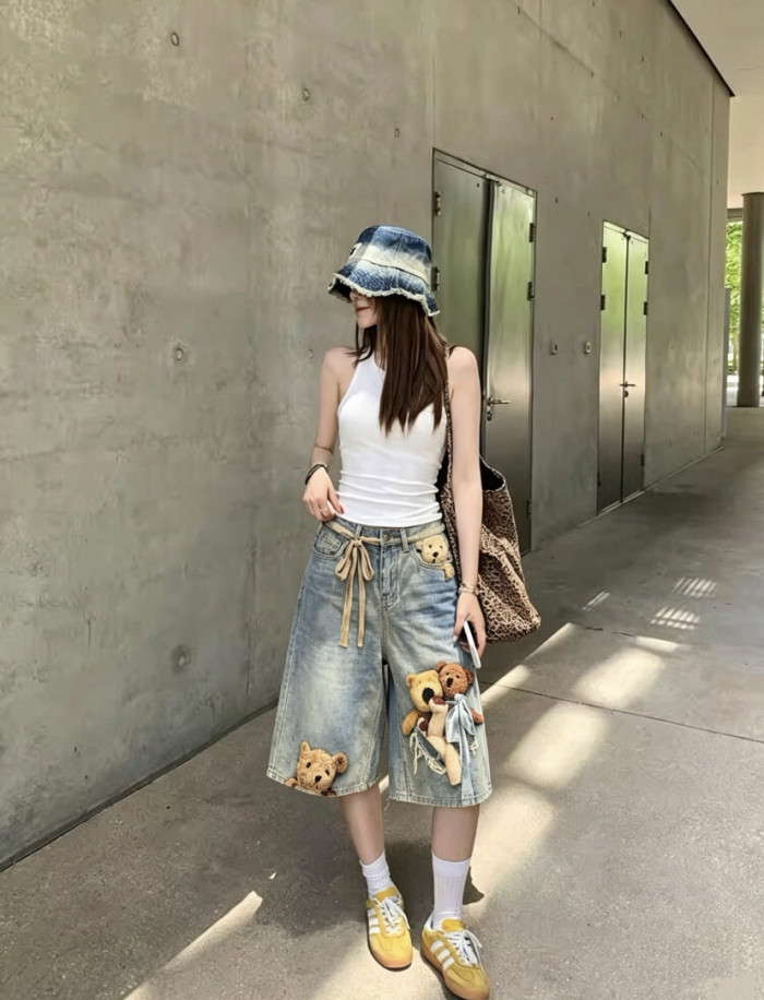 1:1 quality version Side Ribbon Bow Multi Position Broken Teddy Print Baggy Loose Five Inch Denim Bermuda Shorts 29330261