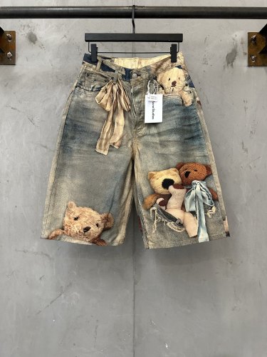 1:1 quality version Side Ribbon Bow Multi Position Broken Teddy Print Baggy Loose Five Inch Denim Bermuda Shorts 29330261