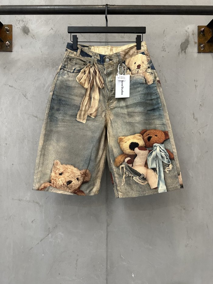 1:1 quality version Side Ribbon Bow Multi Position Broken Teddy Print Baggy Loose Five Inch Denim Bermuda Shorts 29330261