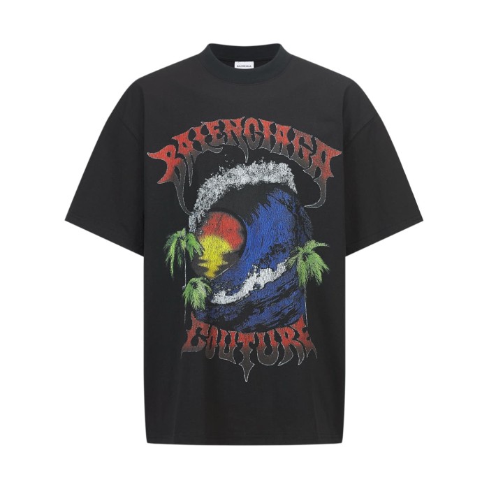 1:1 quality version Vintage Coastal Surf Wave Coconut Palm Sunset Gothic Font Faded Distressed Print Oversized T-shirt 3 colors 29330445