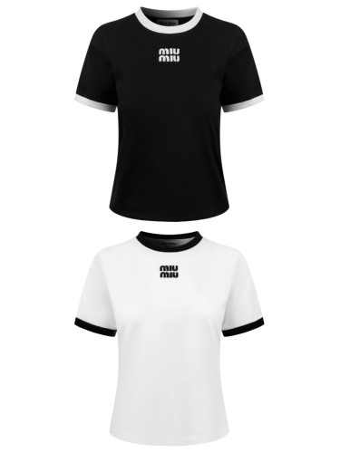1:1 quality version Black White Contrast Binding Vintage Letter Embroidery Cropped T-shirt 2 colors 29330340