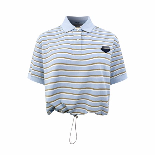 1:1 quality version Triangle Leather Patch Multi Tone Horizontal Stripe Collared Polo Drawstring Waist Convertible Polo Shirt 29330346